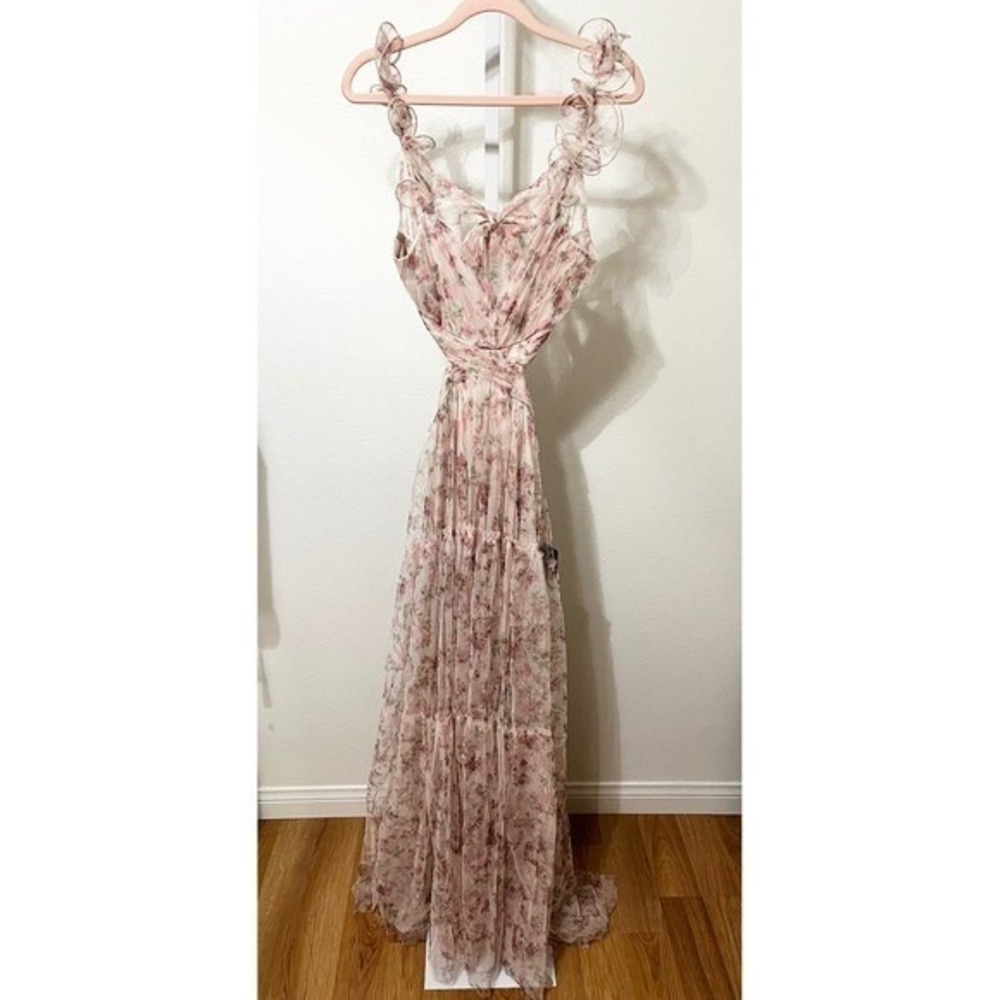 NWT Lulus Ethereal Love Blush Floral Pleated Tiered Tie-Back Maxi Dress Medium - Picture 7 of 12